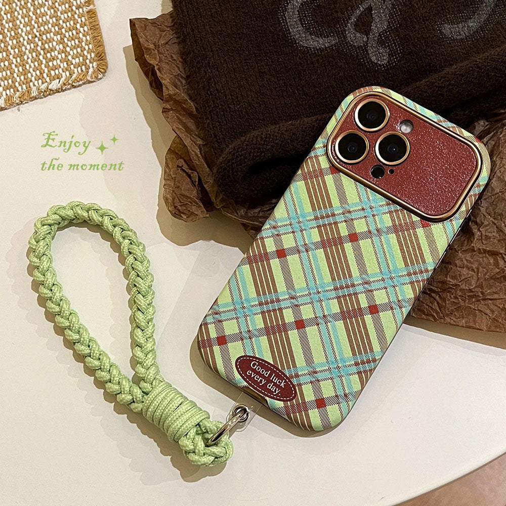 Green and brown plaid lambskin iphone 16 case with large window, iphone 17 pro max drop-proof phone case