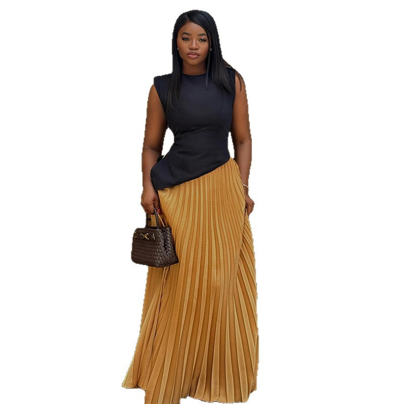 European and american style women's  autumn sweet & fresh round neck asymmetrical sleeveless top with high-waisted pleated midi skirt two-piece set