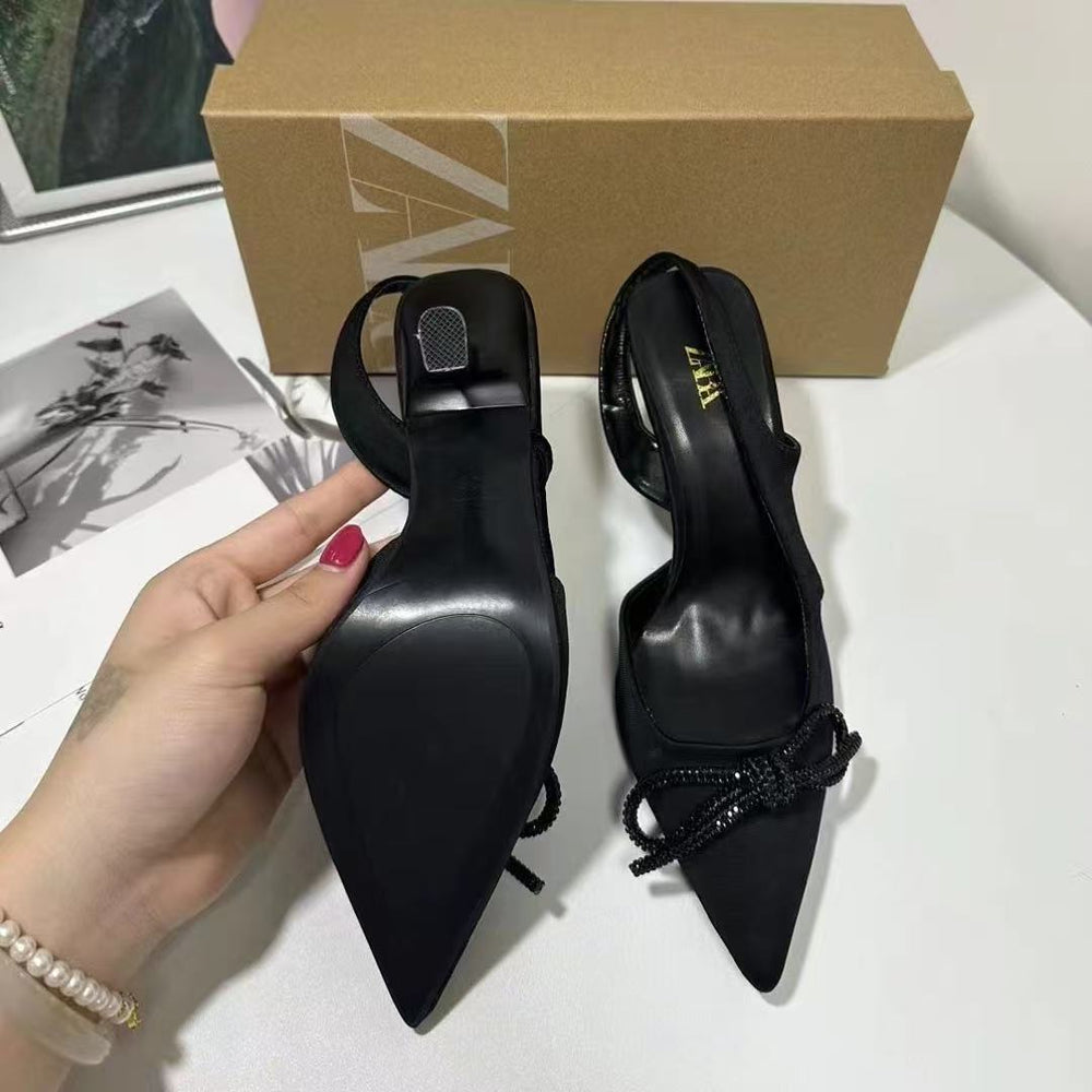 Za southeast asia 2024 new high heels black shiny bowknot slingback stiletto pointed toe pumps women's shoes