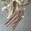 Korean chic fashion set: women's long-sleeve knit top & jacket + high-waisted slimming wide-leg straight pants - 3-piece outfit