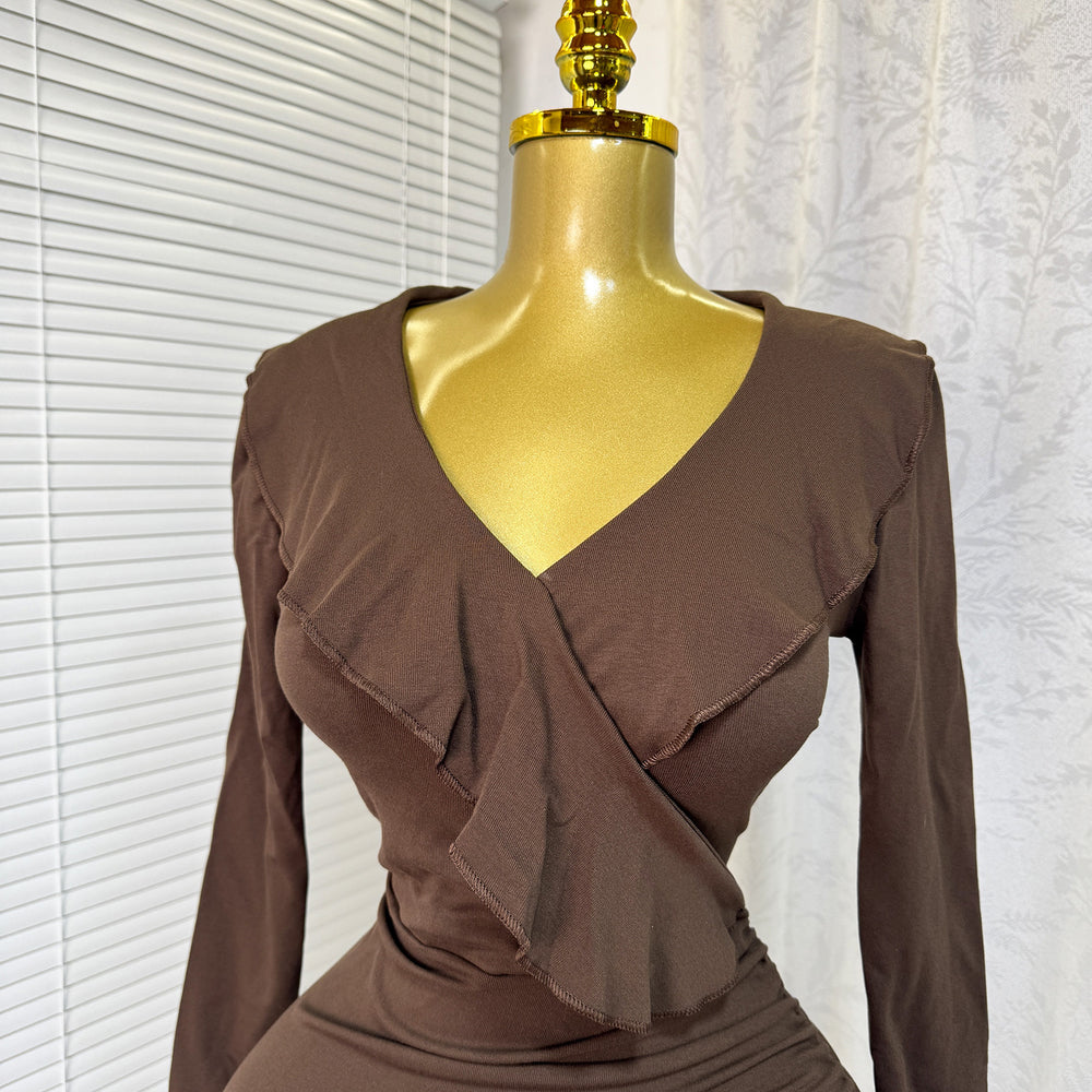 Exportspring & fallnew arrivalrufflesv neck silmlong sleevesdresssexy silm hip-covering waist short skirt dress