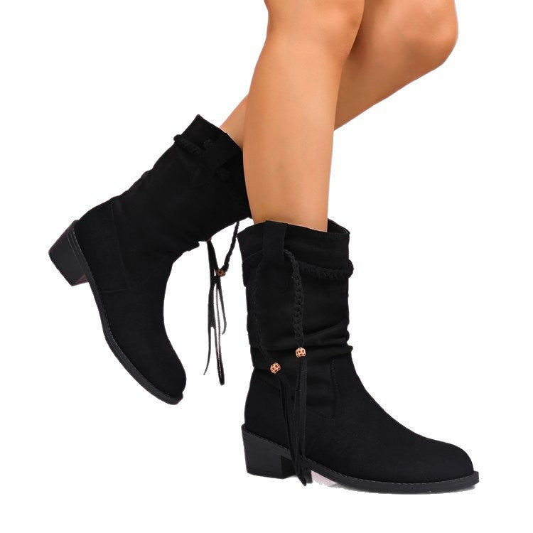 Fashion cross-border wholesale thick heel tassel boots women's fall and winter style retro short boots pleated pile boots medium cowboy boots