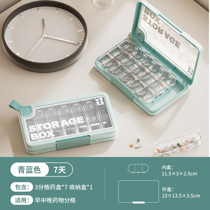 Plastic portable pill organizer - sealed, week-long, high-capacity travel pill case with compartments