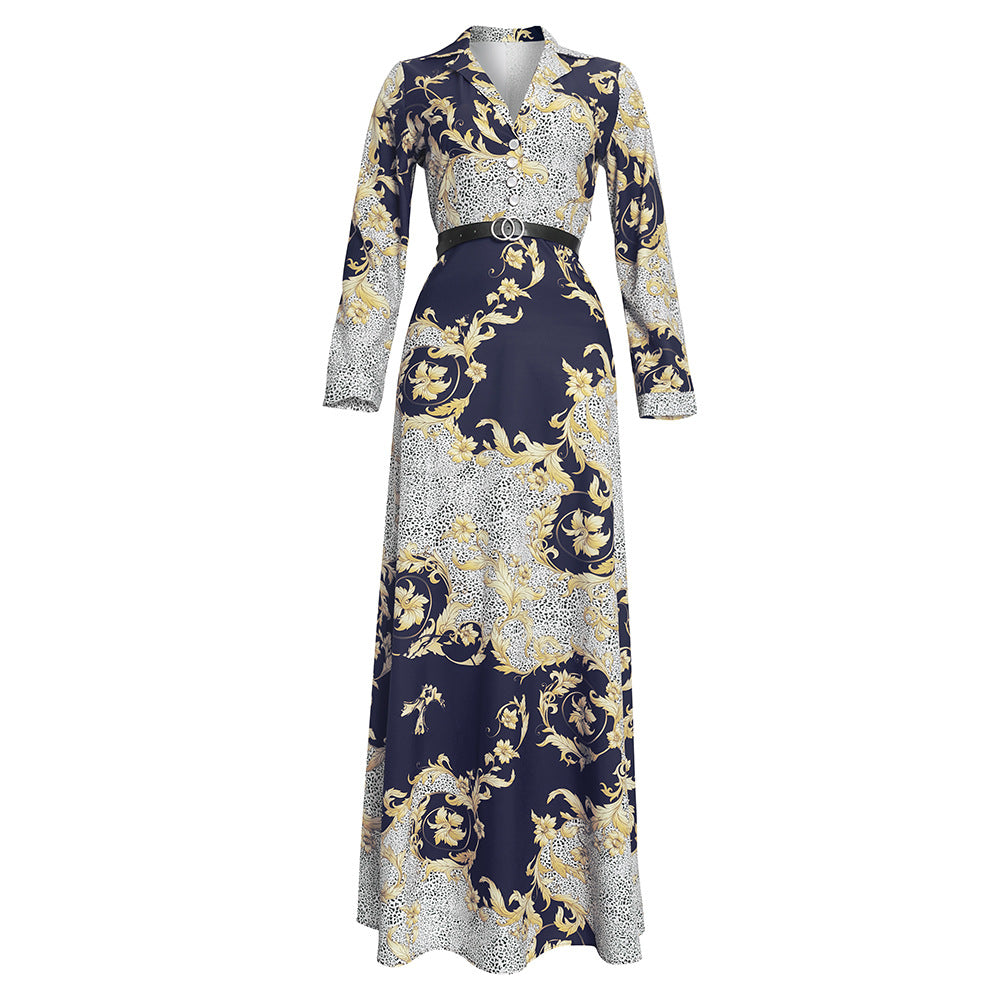 Fashion cross-border supply  plus size women's long skirt with belt african clothing printing chiffon dress