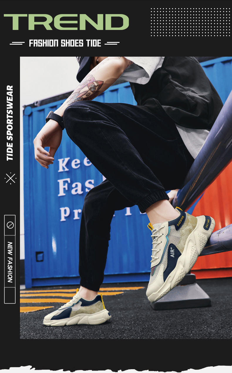 Men's winter 2025 new mesh hollow-out breathable anti-odor height-increasing versatile hong kong style chunky sole dad sneakers - trendy ins style