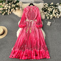 European and american retro court style design printed long dress with heavy pleating, puff sleeves, and pleated skirt - spring collection for women