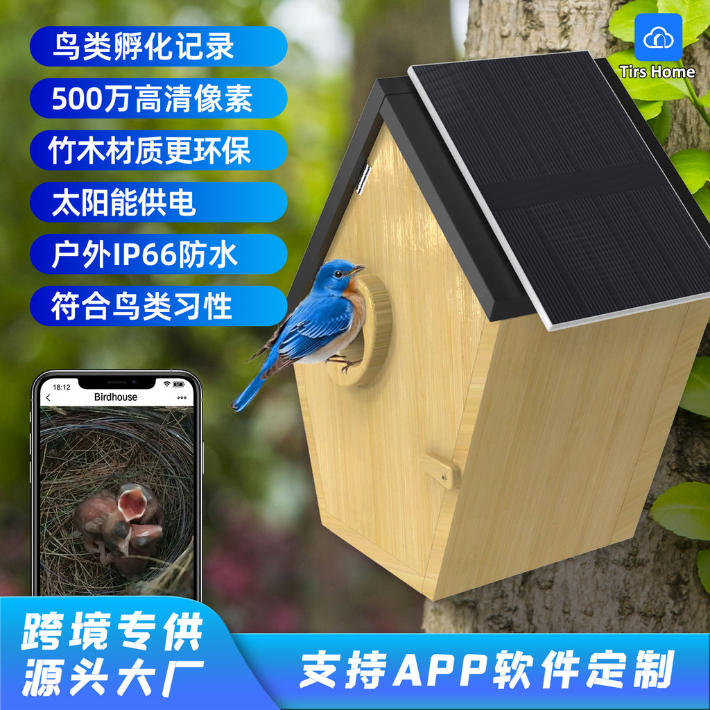 Factory direct sales visual bird hatchery 5MP high definition solar camera bamboo and wood bird nest,   explosion