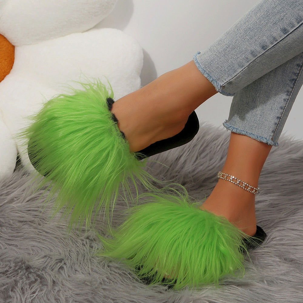 plus size open slippers women's long hair flip-flops family furry sandals thick bottom sandals heattech slippers for women