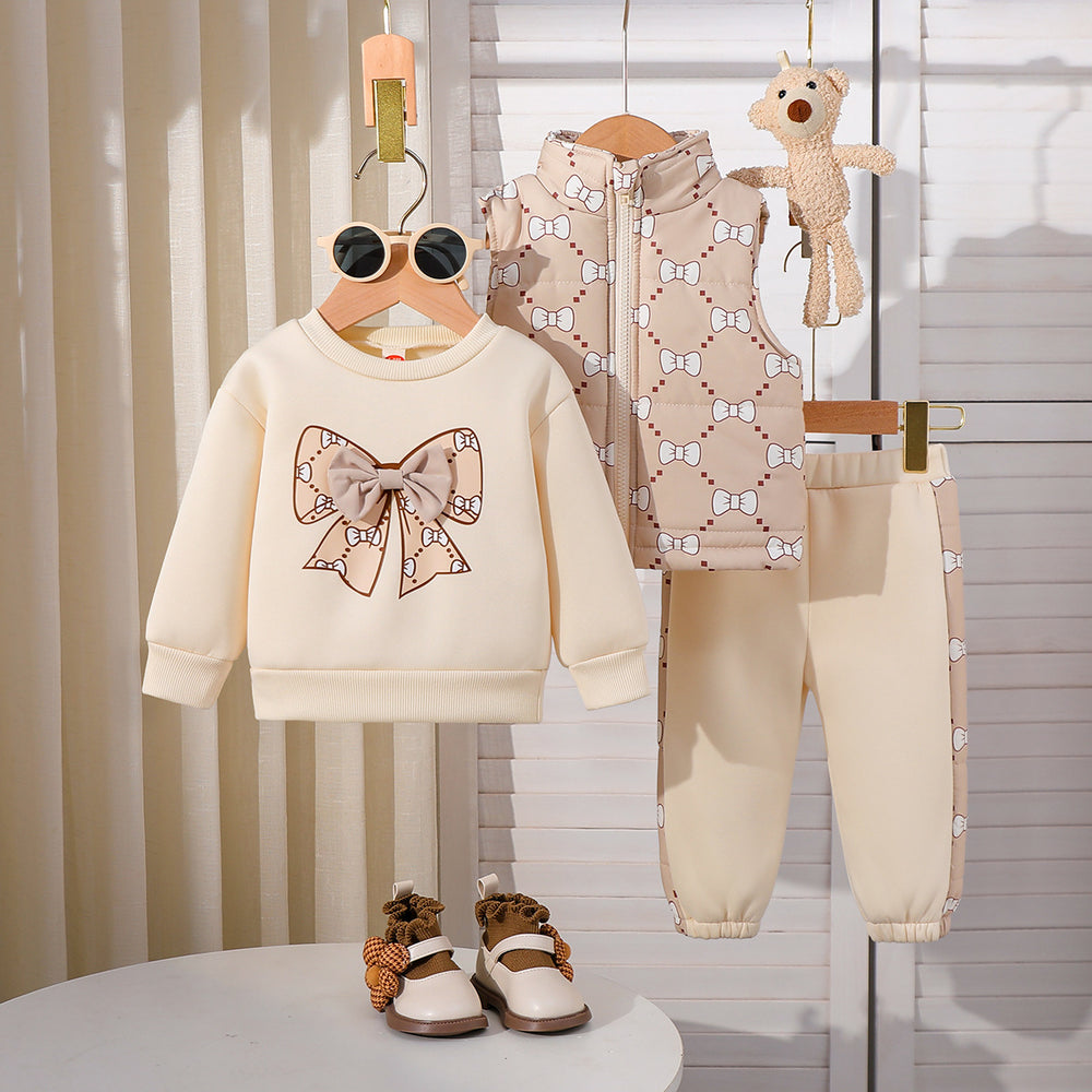 european and american quilted vest + patch embroidered round neck sweatshirt + trousers autumn and winter trousers suit three-piece set