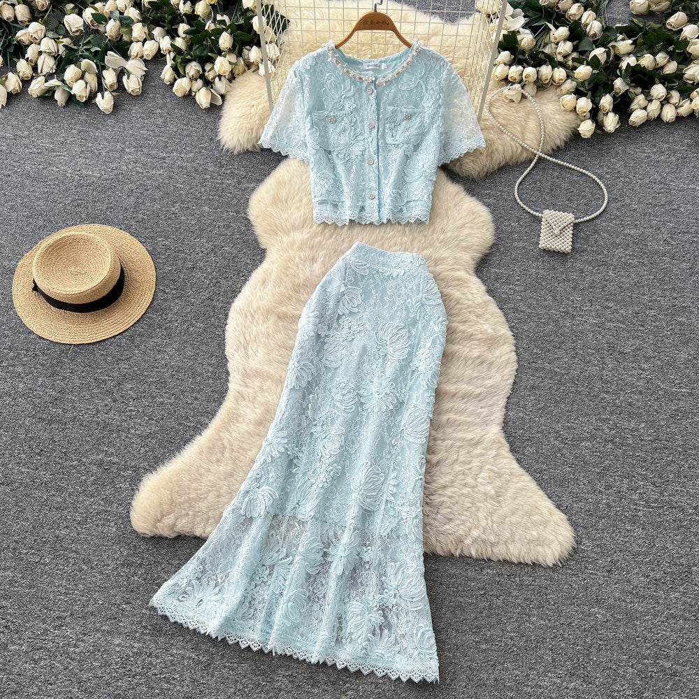 French chic lace patchwork top and skirt set - summer sweet & spicy lace slimming elegance outfit