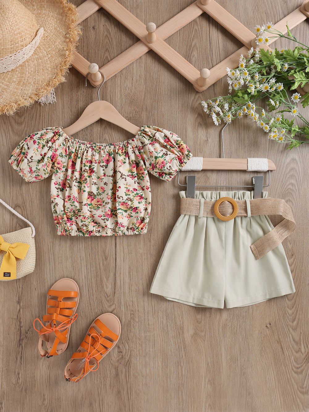 new summer collection: 100% cotton floral print stretch top with elasticated cuffs + woven shorts, includes linen belt - cross-border fashion for the us and europe