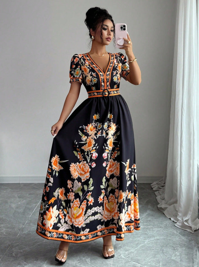 spring new arrival: v-neck ethnic print satin wrap maxi dress