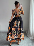spring new arrival: v-neck ethnic print satin wrap maxi dress