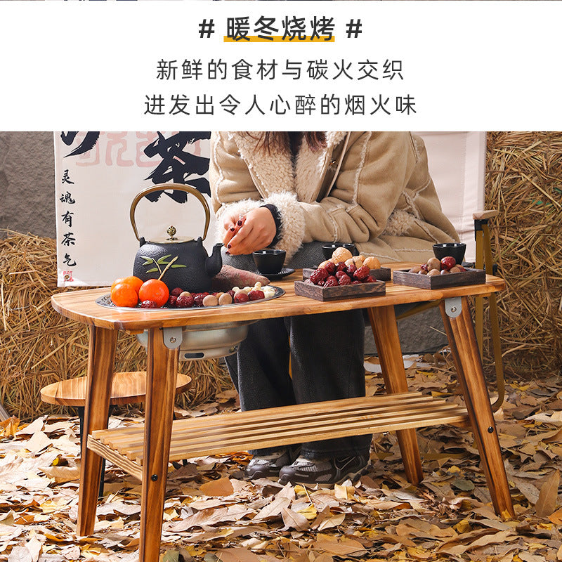 Household outdoor multifunctional solid wood desktop stove foldable storage barbecue grill barbecue stove camping style stove tea table