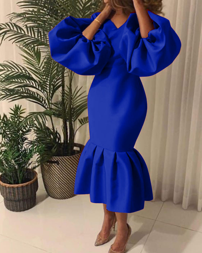 D115 cross-border sourcing: african plus-size women's fashion - solid color v-neck bubble sleeve fishtail dress, european and american style evening gown