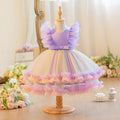 European and american new princess dress mesh print rainbow floral girl's wedding dress party baby's first birthday christening gown