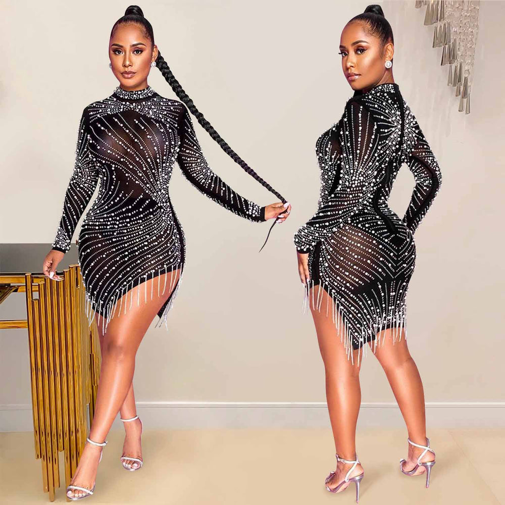 X5216 cross-border new arrival: european & american sexy nightclub mesh see-through rhinestone beaded tassel round neck long sleeve dress