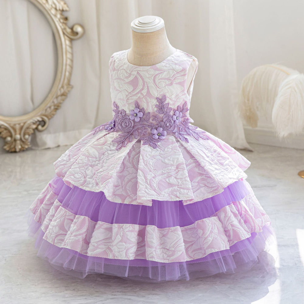 Wholesale children's dresses for export: lace floral tiered princess dress, baby girl's first birthday dress, evening gown