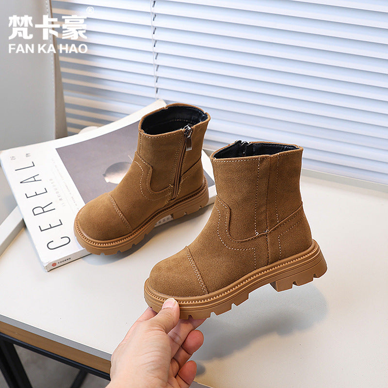 Vancahao children's double-sided fleece ankle boots,  autumn new korean style girls' british vintage martin boots