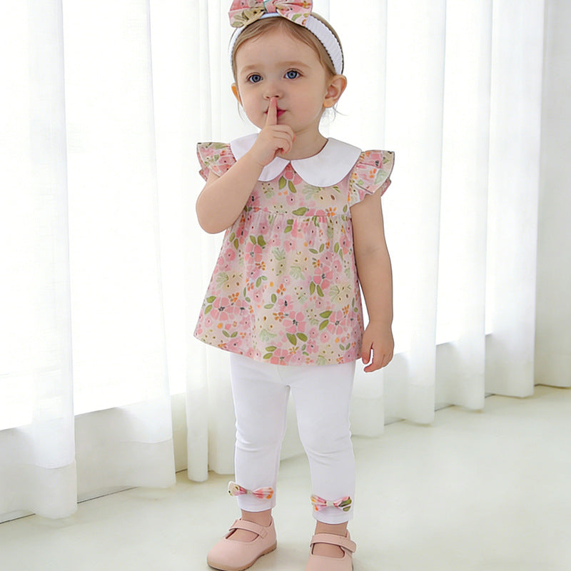 Girls' summer floral outfit: lightweight baby girl's peter pan collar flutter sleeve top and leggings set - sweet and adorable two-piece