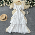 French holiday style puff sleeve square neck dress women's summer pleated waist slimming look layered ruffles cake skirt