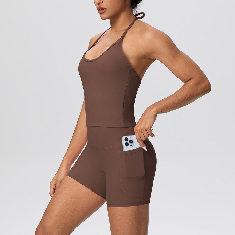 pure color brushed beautiful back tight strap halterflap pocket pants yoga suit sports running shortstwo-piece set