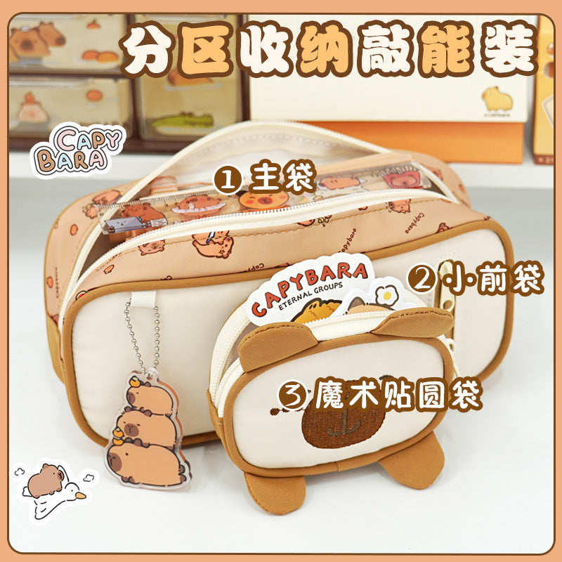 Primary school students Kapibara stationery box mother and child shape pendant pencil case large capacity multi-layer high value pencil case