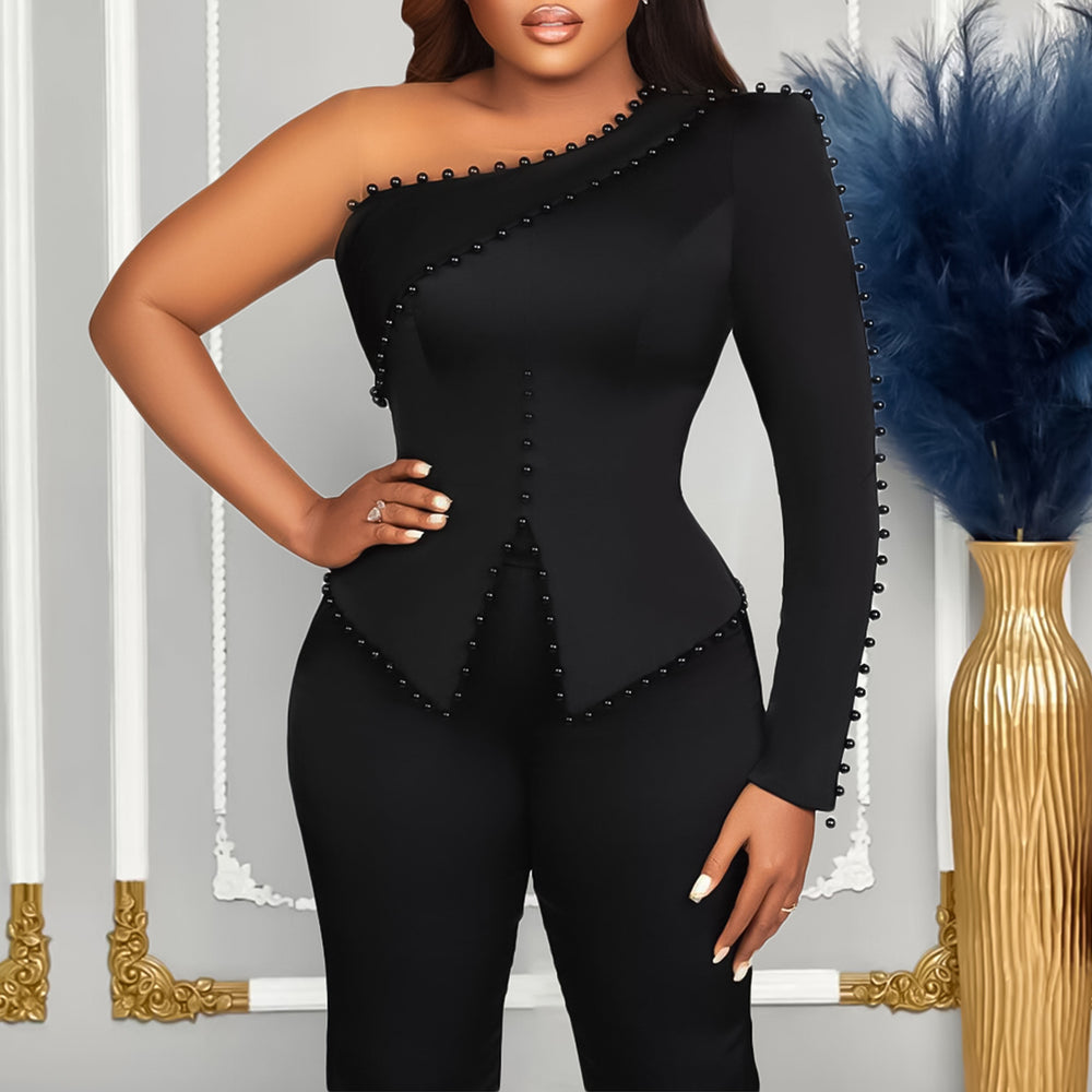 D463  foreign trade women's clothing  spring new style one-shoulder beaded ol two-piece set plus size european and american style outfit