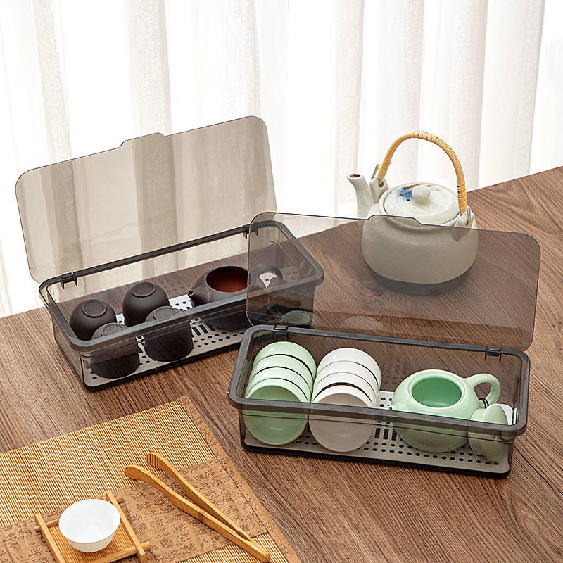 Desktop storage box Dustproof portable Kung Fu teacup tea set storage box Plastic clamshell teapot storage box