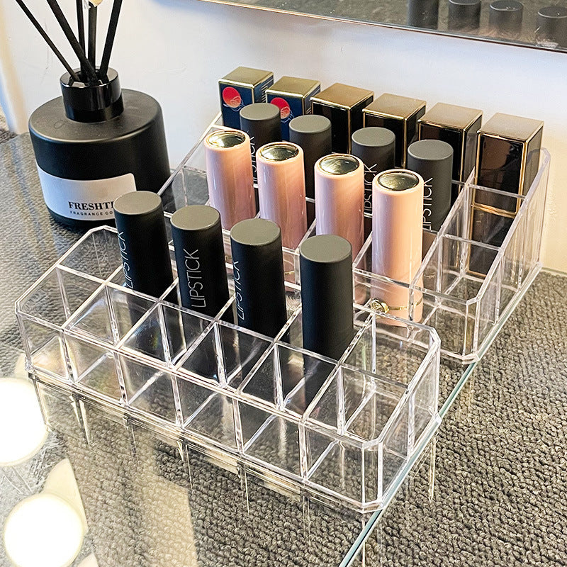Lipstick organizer display case - multi-compartment storage shelf - trendy, girly, transparent design - home cosmetics organizer