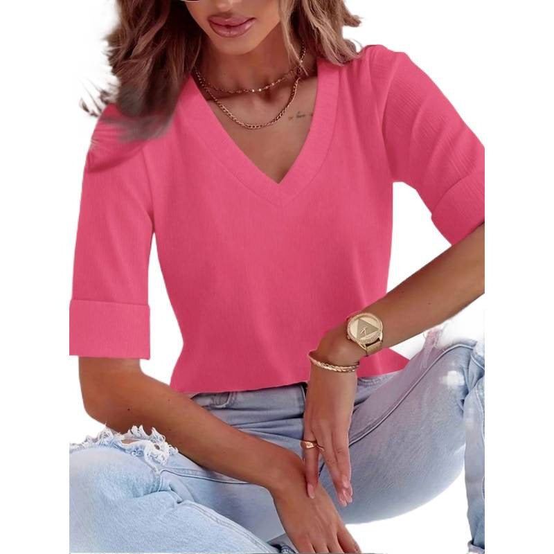 Real shot export 1688 shein  hot selling casual solid color v-neck rolled sleeve t-shirt