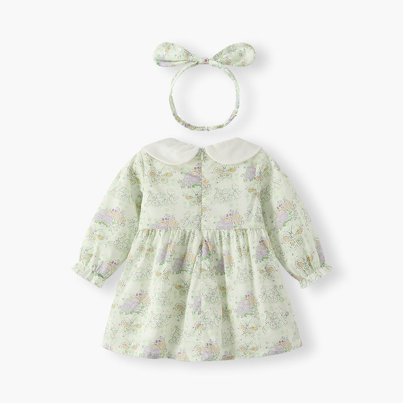 Girls' dress  spring/autumn new princess dress butterfly garden style girls' dress turn-down collar long sleeve ruched girls' dress
