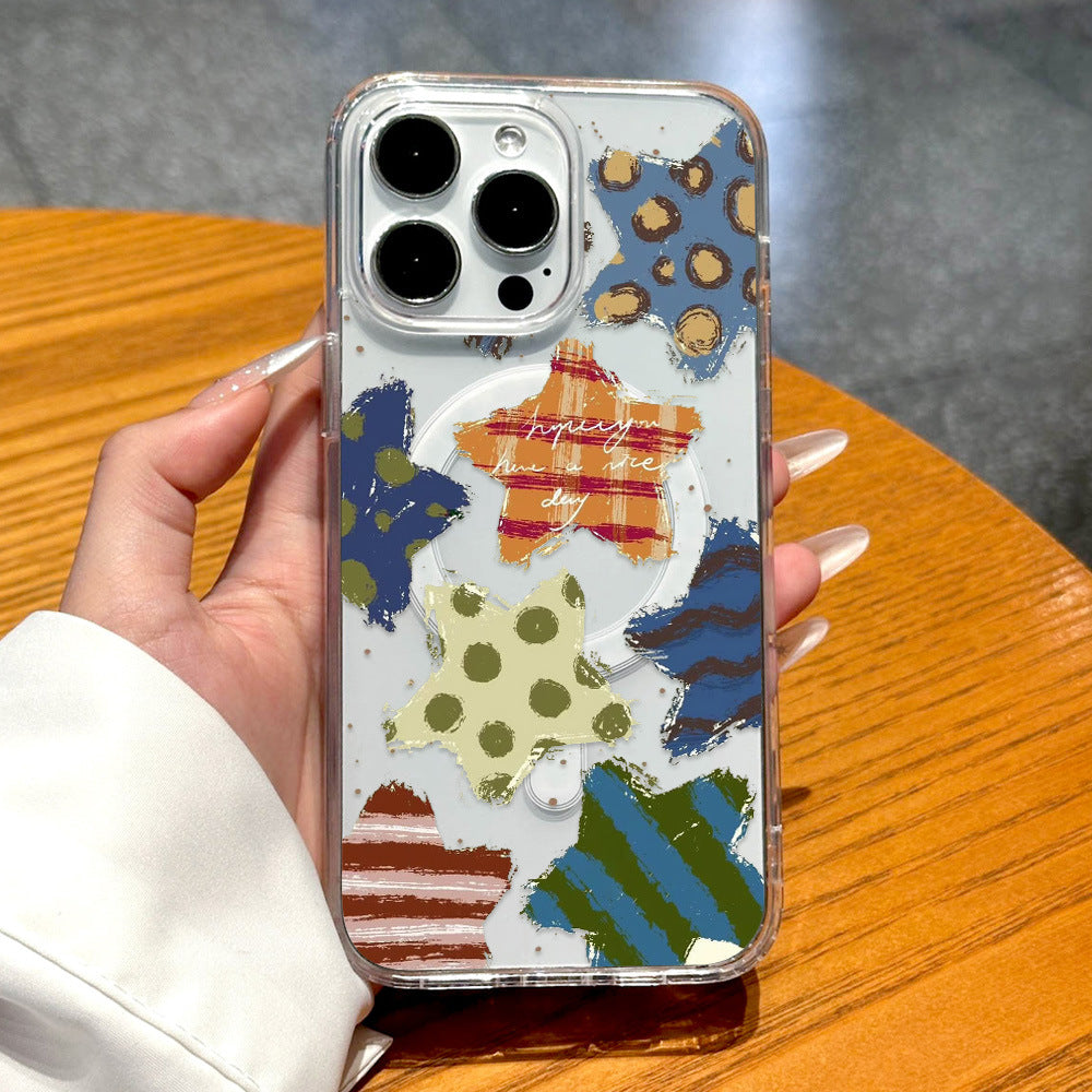 Doodle star polka dot iphone 17 case, apple 16 pro max magnetic shockproof transparent soft case 15