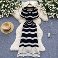 Luxury striped knit dress for women - summer v-neck, hollow-out, lightweight, breathable, slim-fit, designer maxi dress