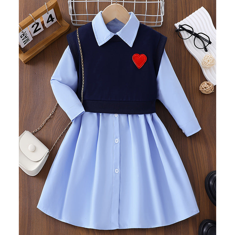 autumgirlk-stylepreppy skirttwo-piece setheartembroiderknitting vest shirt lapeldress