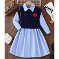 autumgirlk-stylepreppy skirttwo-piece setheartembroiderknitting vest shirt lapeldress