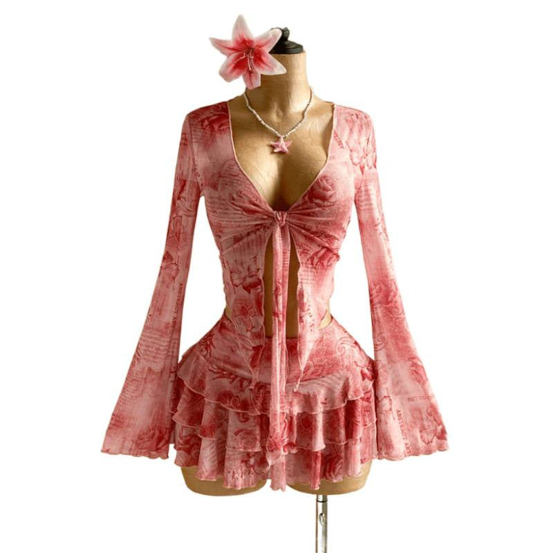 Women's summer new retro floral print tie-waist long sleeve top and midi skirt two-piece set (accessories not included)