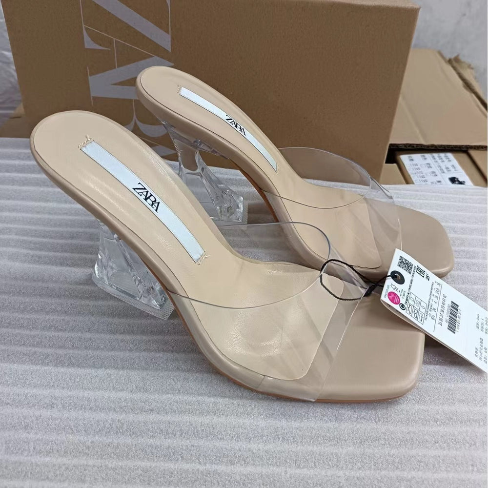 Za2024spring new transparent special-shaped high-heeled sandals women's rubber thick heel leather casual one-shaped high-heeled shoes