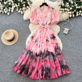 Light mature style tie-dye gradient printingshirt skirt women's summer lapel lantern sleeve tie back waist a-line long skirtelegant