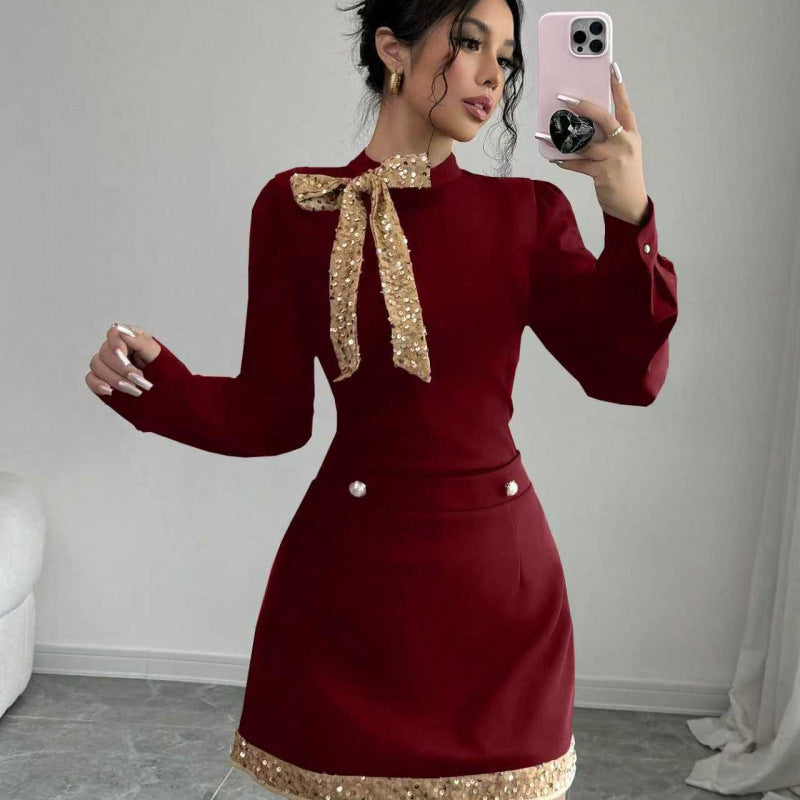 French ruffle trim heavy velvet mini dress - women's autumn/winter  retro style with gold buckle detail, slim fit