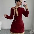 French ruffle trim heavy velvet mini dress - women's autumn/winter  retro style with gold buckle detail, slim fit