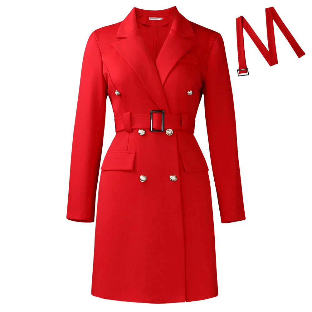 D3348  cross-border autumn and winter new long-sleeved hip-covering commuter double-breasted pure color suit european and american dress
