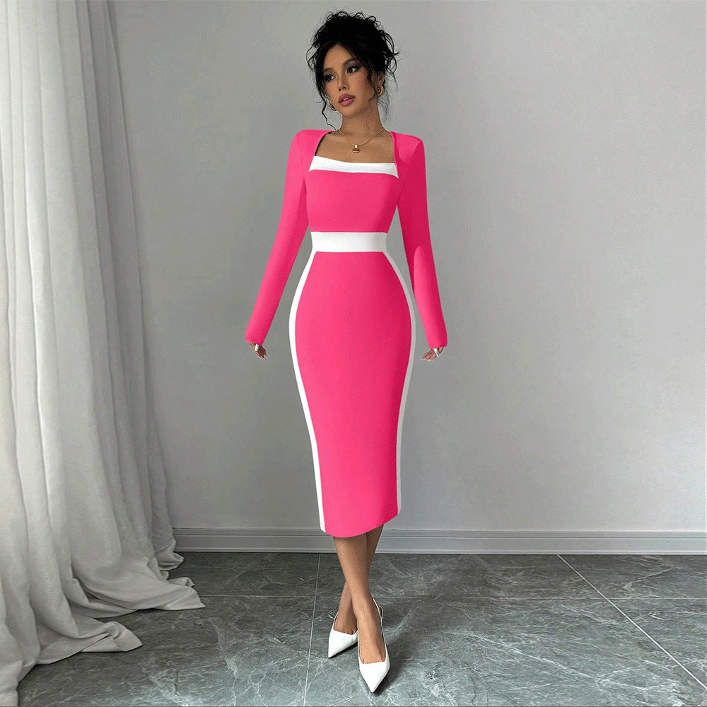 new  cross-border european and american women's clothing color block midi dress sexy bodycon long sleeve dress