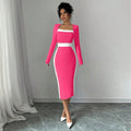 new  cross-border european and american women's clothing color block midi dress sexy bodycon long sleeve dress