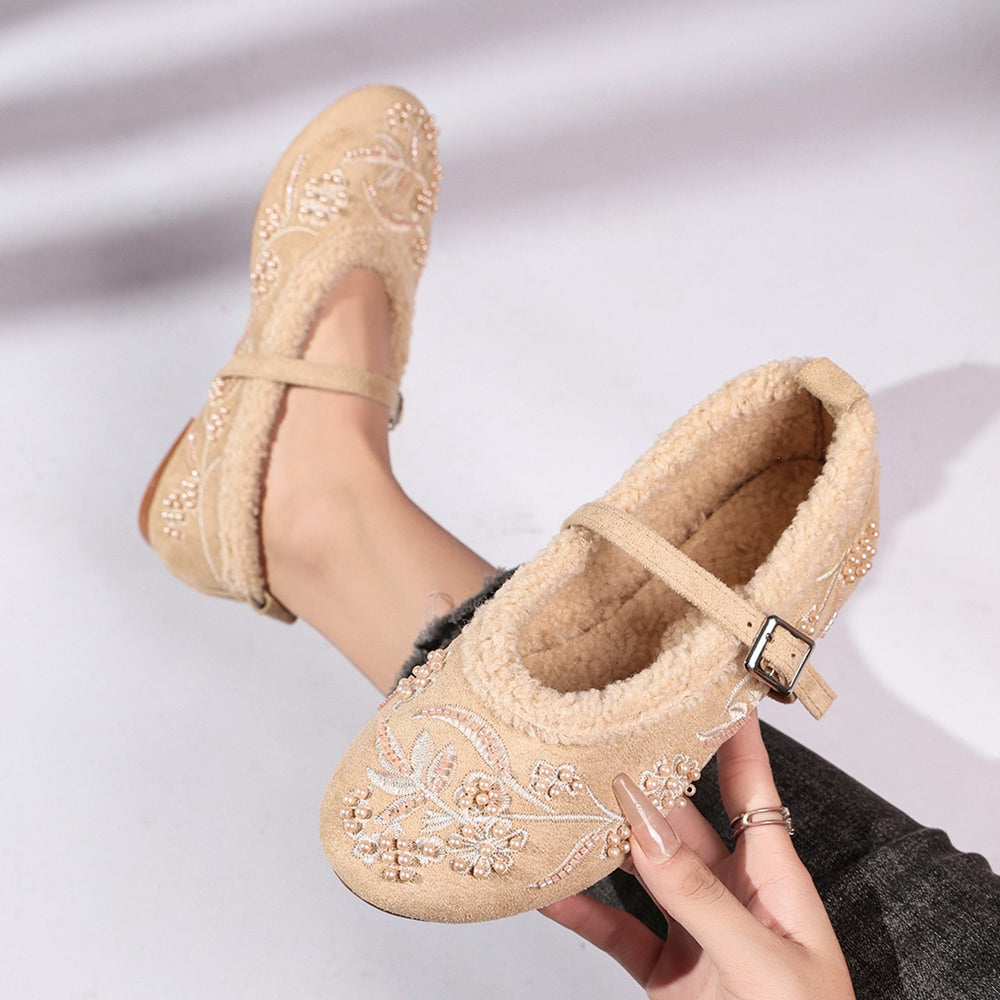 Hot-selling plus size women's shoes for export,  new collection: soft sole embroidered beaded round toe low-cut cotton mary janes