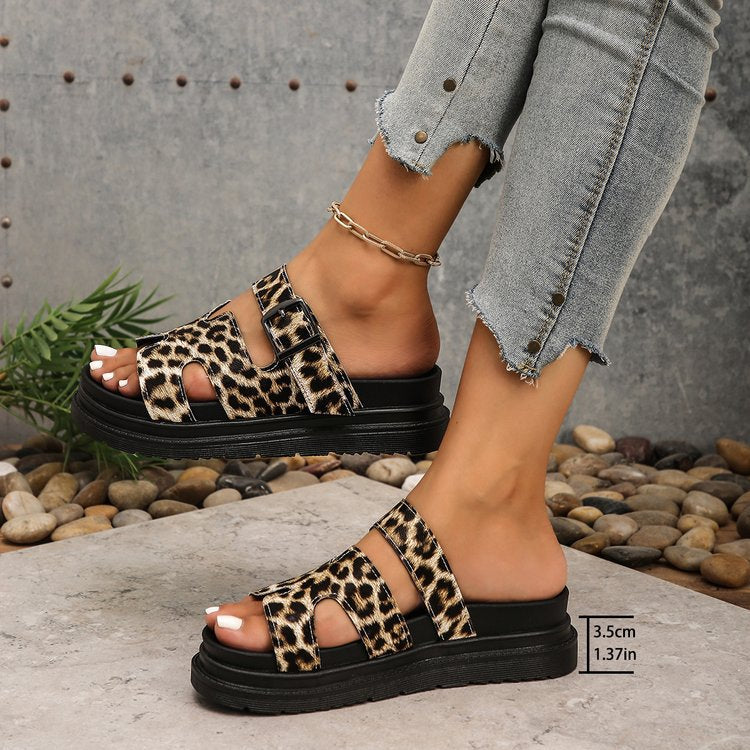 Leopard print platform sandals women's  summer new thick sole european and american style one-strap slippers plus size wedge sandals