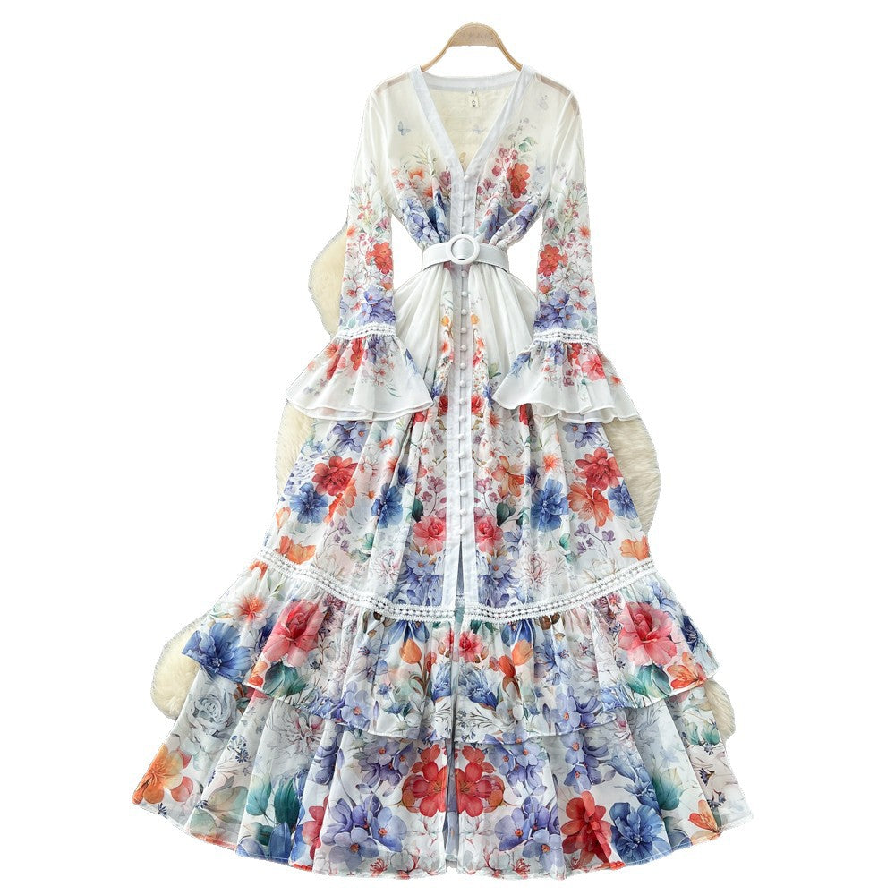 French chic floral v-neck printed dress - women's spring long sleeve a-line midi dress - office-ready elegant maxi dress