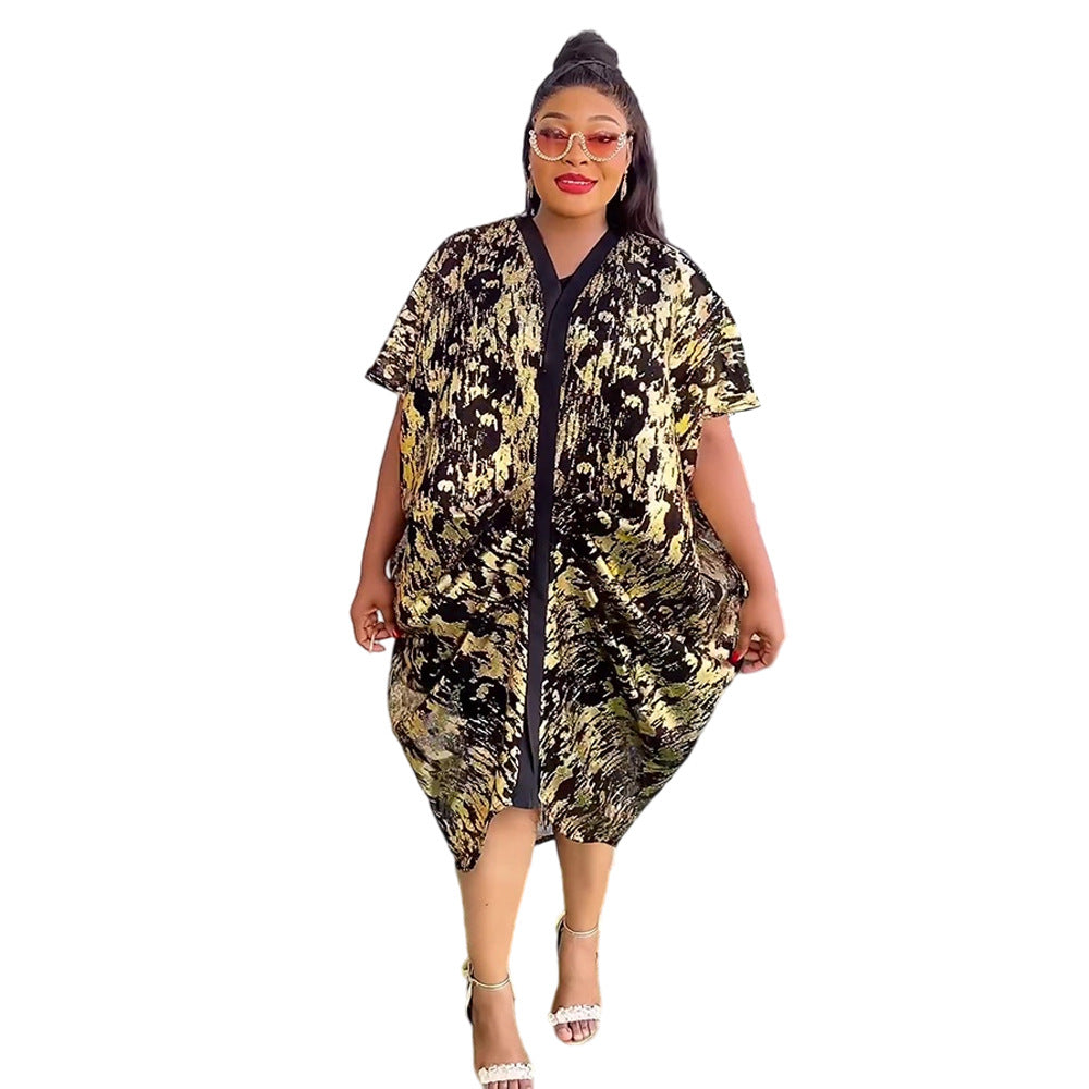 Fashion cross-border e-commerce  soft mesh hot stamping dress suspender two-piece set african plus size women's clothing