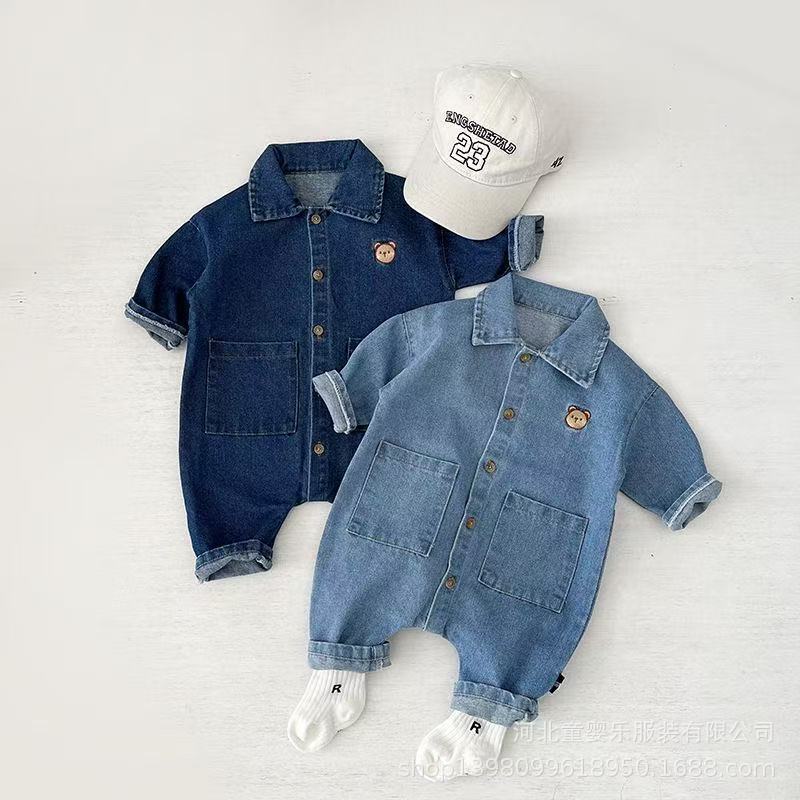 Newborn baby denim romper - korean style, unisex, spring/autumn outfit for crawling and outdoor wear