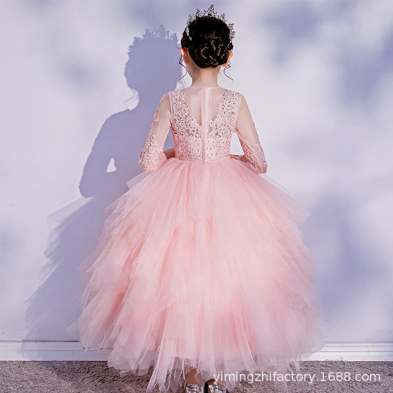 Customized children's formal dress for export, new lace three-quarter sleeve girl dresses, girls' princess cake dress